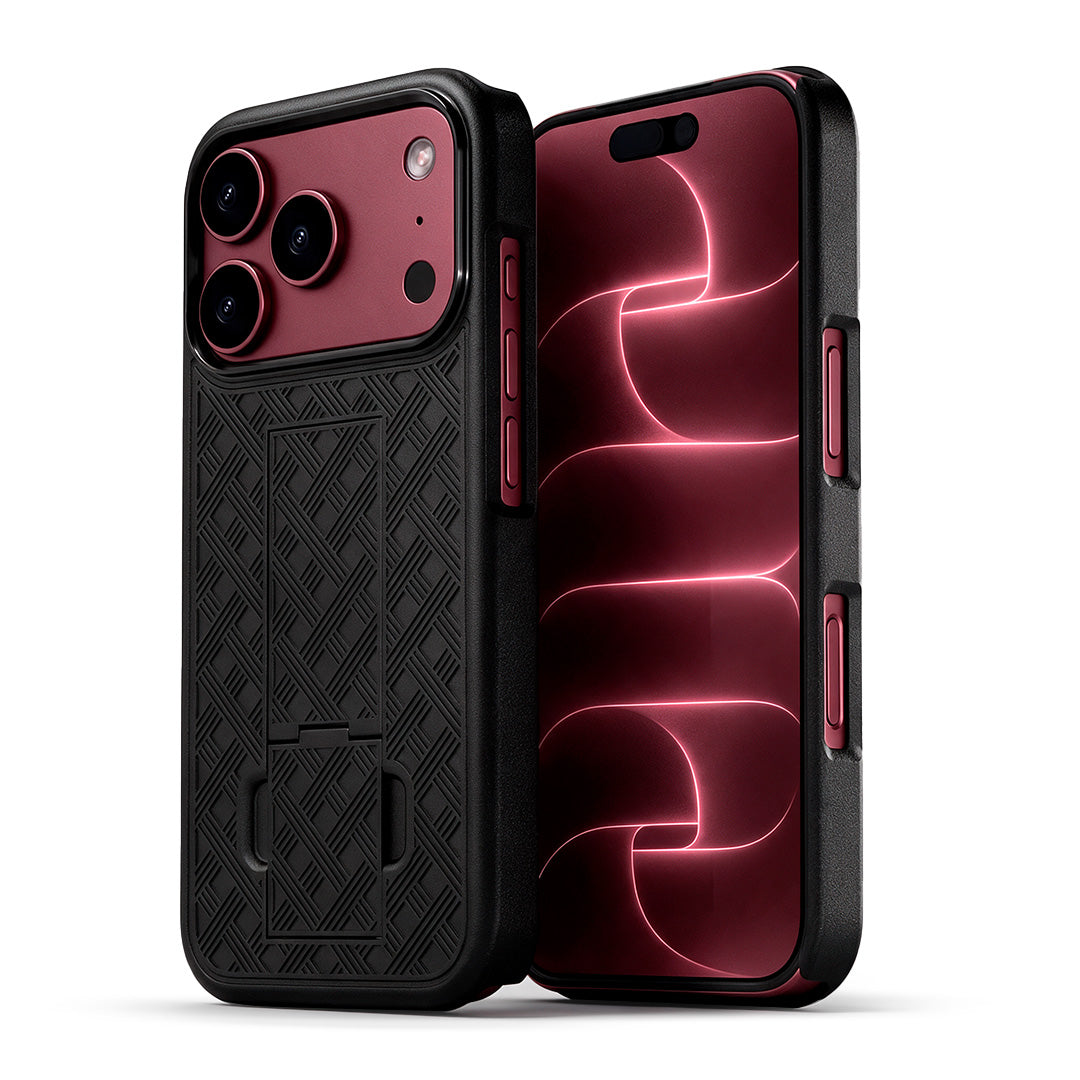 Front screen display and rear camera view of Motivecase Ranger V1 military-grade heavy-duty phone case for iPhone 18 Pro Max.