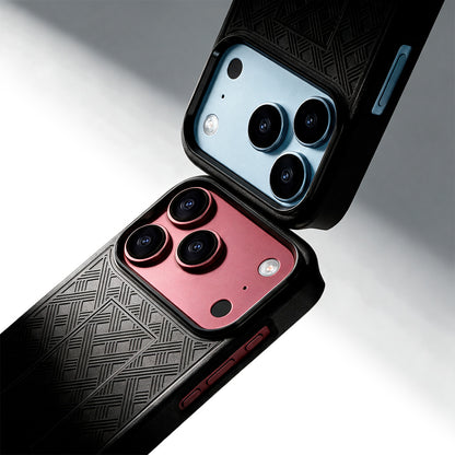 Close-up detail of Motivecase Ranger V1 phone case highlighting raised camera lens bezels and textured shockproof corner bumper armor on iPhone 18 Pro Max.