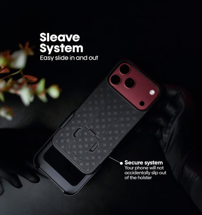 Slide-in sleeve holster system securing Motivecase Ranger V1 heavy-duty phone case for iPhone 18 Pro Max against accidental slips.