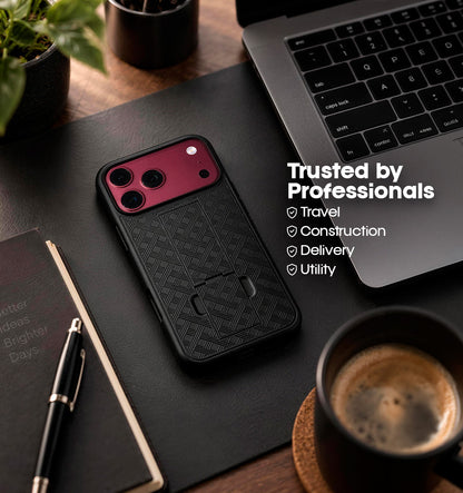 Professional workspace lifestyle photo showing Motivecase Ranger V1 protective case for iPhone 18 Pro Max alongside laptop, coffee, and daily work gear.