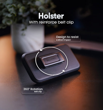 Heavy-duty Motivecase Ranger V2 phone holster for iPhone 18 Pro Max featuring durable 360-degree rotating belt clip swivel.