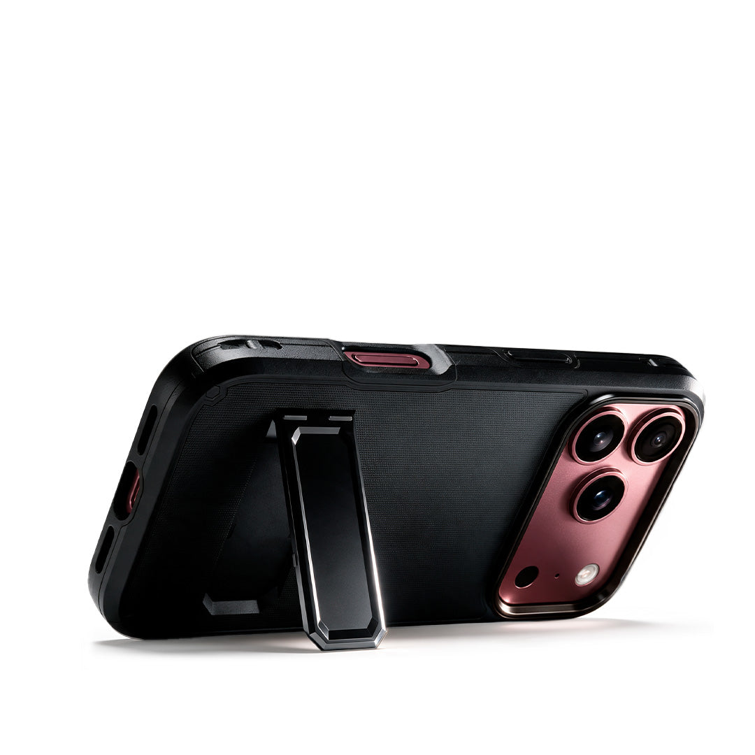 Motivecase Ranger V2 heavy-duty phone case for iPhone 18 Pro Max standing horizontally on built-in folding kickstand for comfortable hands-free video streaming.