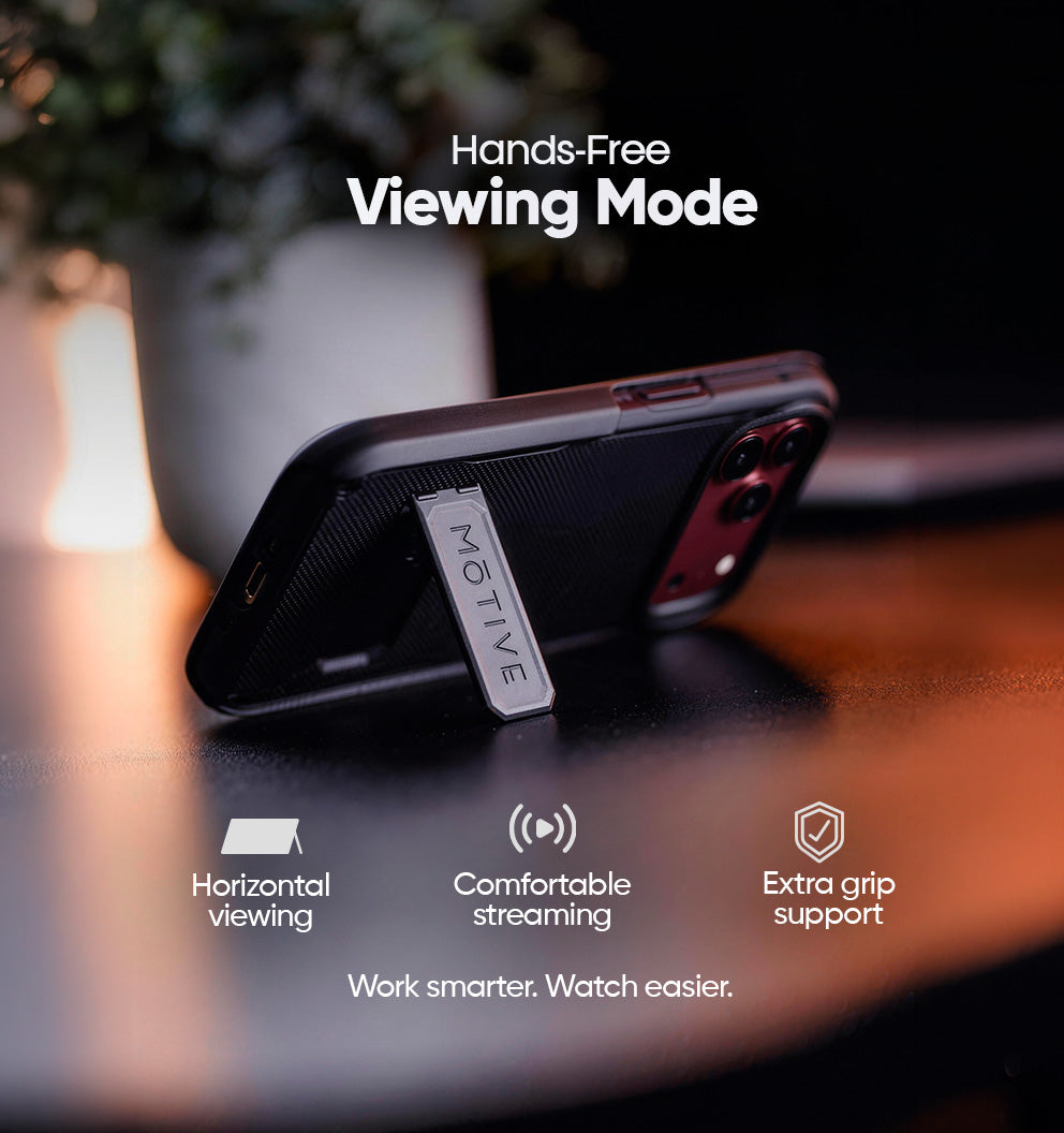 Motivecase Ranger V2 heavy-duty phone case for iPhone 18 Pro Max standing horizontally on kickstand for comfortable hands-free video streaming.
