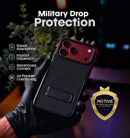 Motivecase Ranger V2 military-grade shockproof case for iPhone 18 Pro Max demonstrating 10-foot drop absorption with reinforced corners.