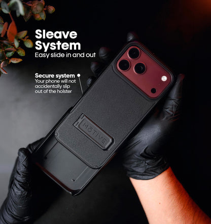 Slide-in sleeve holster mechanism holding Motivecase Ranger V2 military-grade phone case for iPhone 18 Pro Max safely in place.
