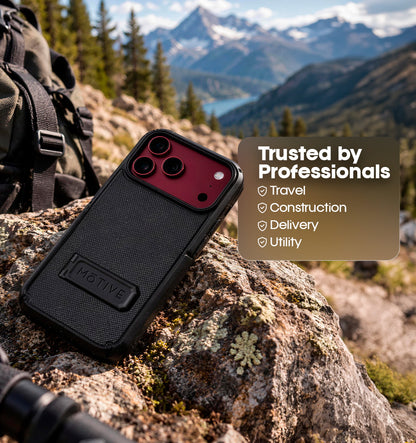 Outdoor tactical lifestyle photo displaying Motivecase Ranger V2 protective case for iPhone 18 Pro Max resting on mountain rock during hiking.