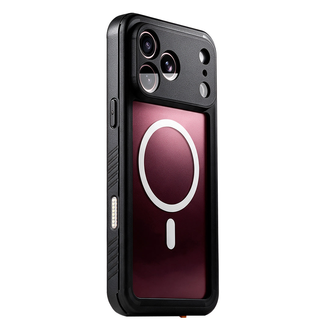 Motivecase Waterproof Series IP68 submersible phone case for iPhone 18 Pro Max featuring clear transparent back panel and MagSafe wireless charging compatibility.