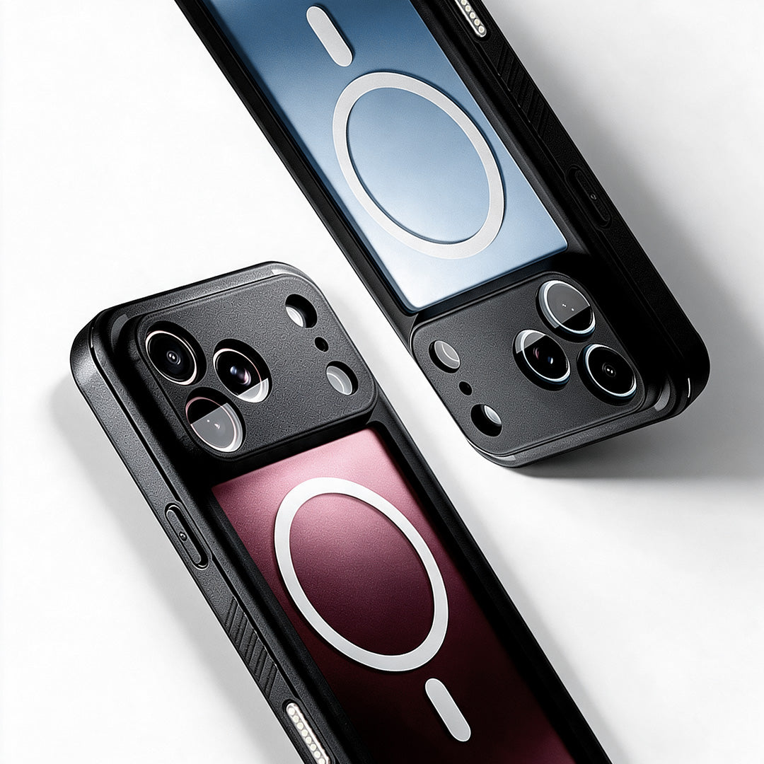 Studio product shot displaying Motivecase Waterproof Series IP68 submersible protective cases for iPhone 18 Pro Max with MagSafe magnetic ring.