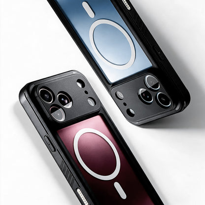Studio product shot displaying Motivecase Waterproof Series IP68 submersible protective cases for iPhone 18 Pro Max with MagSafe magnetic ring.