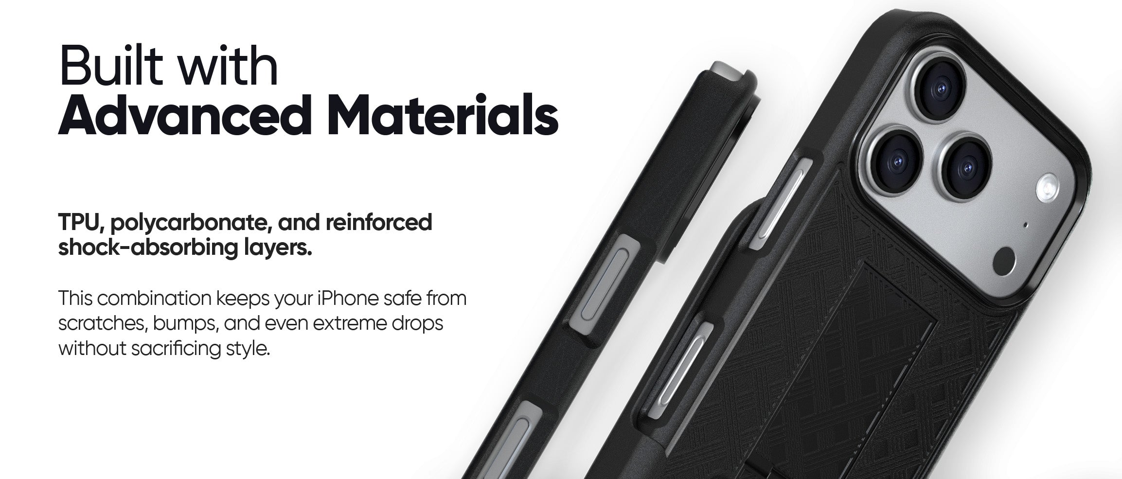 Diagram showing the advanced materials of the Motivecase Ranger V1, including its hard polycarbonate shell and shock-absorbing frame.