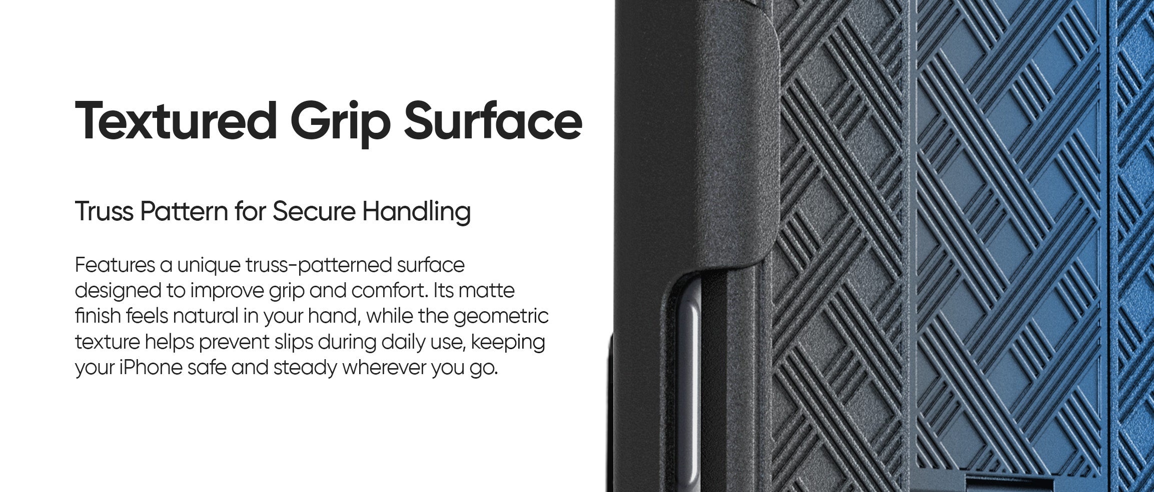 Close-up on the Ranger V1's textured grip surface with a truss pattern, designed for secure, confident handling of your iPhone.