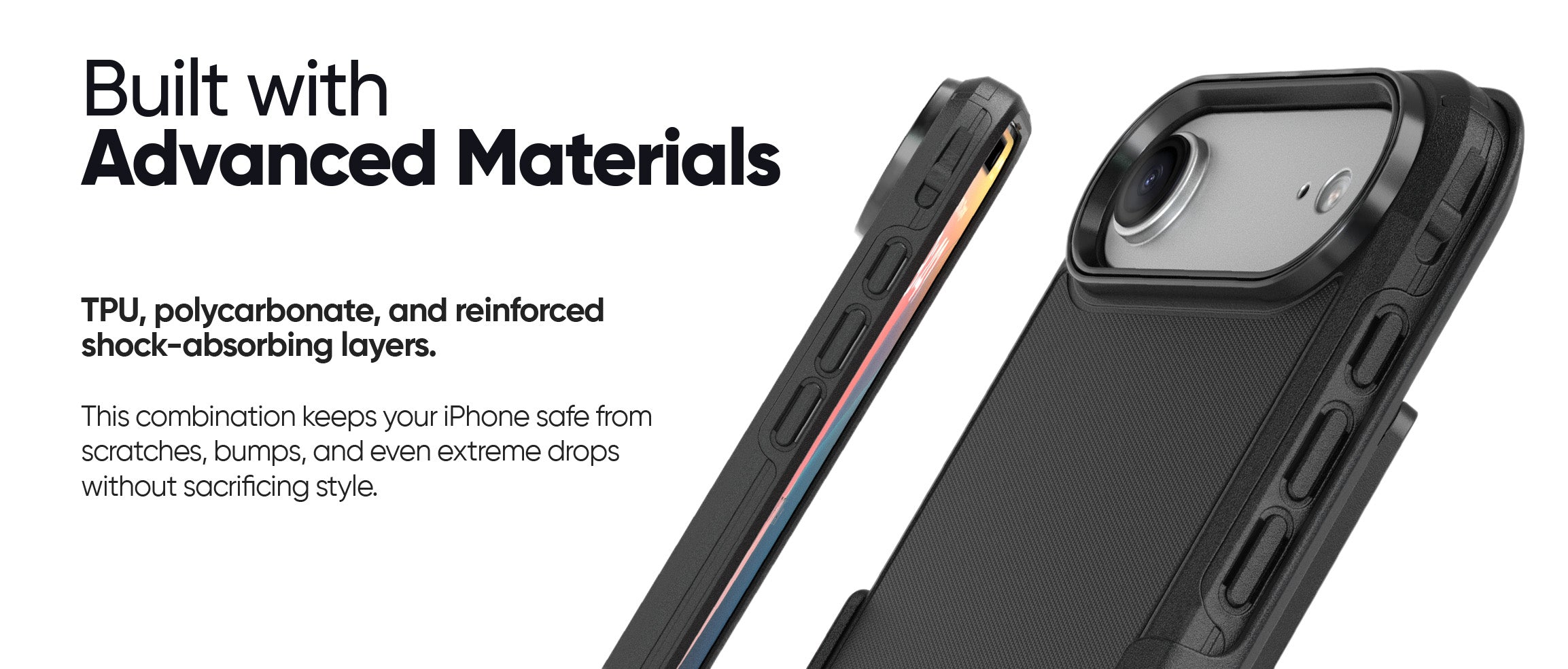 Diagram of the Ranger V2's advanced materials, built with tough TPU, polycarbonate, and reinforced shock-absorbing layers.