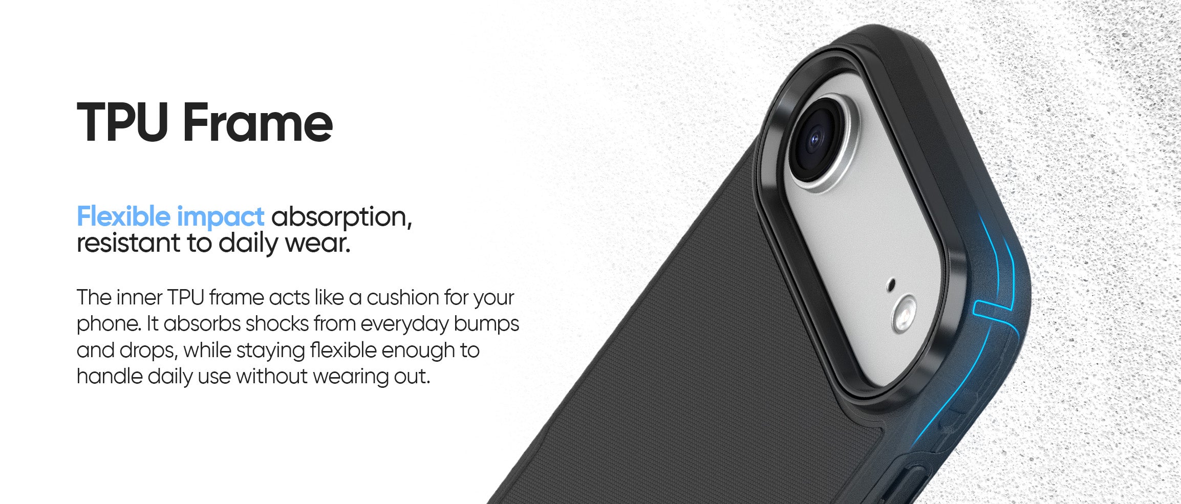 Highlighting the flexible, shock-absorbing TPU frame of the Ranger V2 case for enhanced impact resistance.
