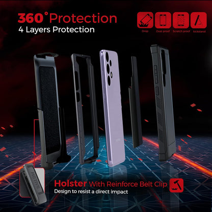 Exploded 360-degree four-layer protection diagram of Motivecase Bunker case for Samsung Galaxy S22 Ultra showing holster, inner frame, and outer armor.