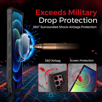 Graphic of Motivecase Bunker heavy-duty case for Samsung Galaxy S22 Ultra demonstrating military drop protection with air-cushioned shock-absorbing corners over dark background.
