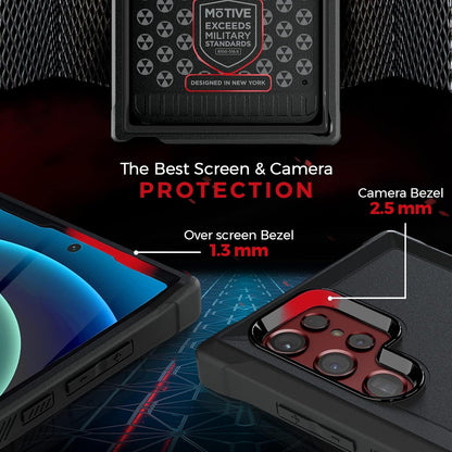 Detailed diagram of Motivecase Bunker case for Samsung Galaxy S22 Ultra highlighting 2.5mm raised camera bezel and 1.3mm screen edge protection.