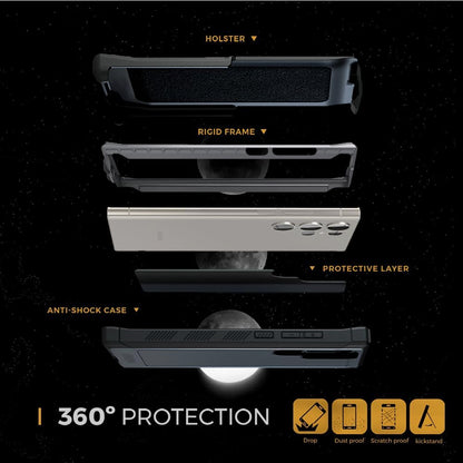 Exploded 360-degree multi-layer protection view diagram of Motivecase Bunker case for Samsung Galaxy S23 Ultra displaying holster, rigid frame, and armor shell.