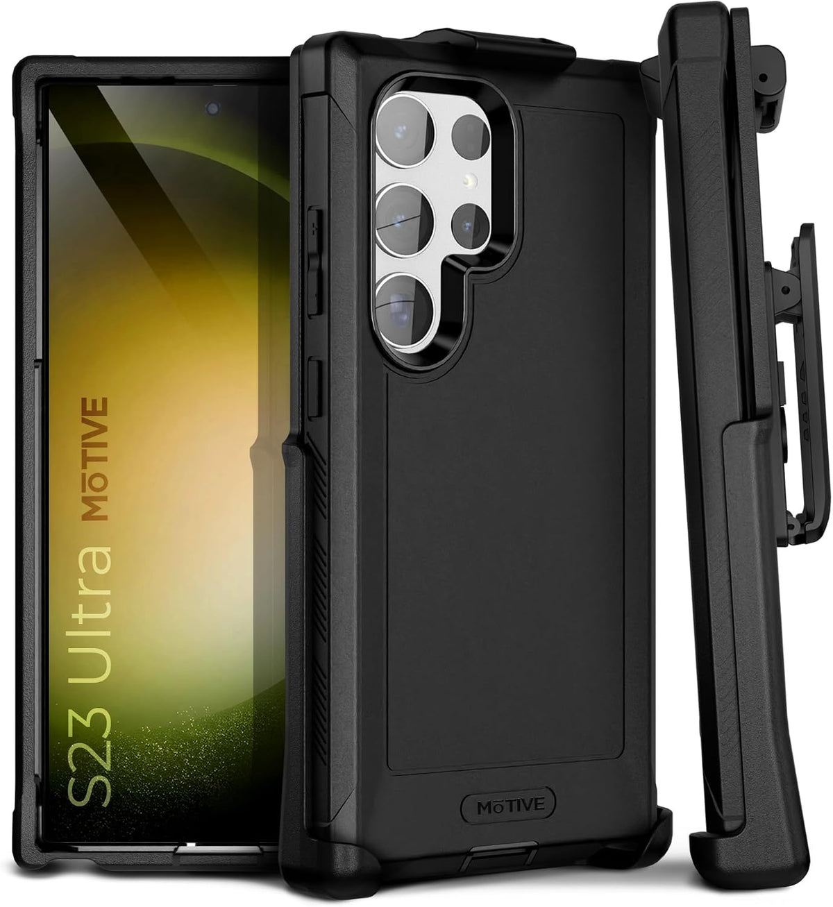 Studio presentation of Motivecase Bunker heavy-duty case for Samsung Galaxy S23 Ultra showing front screen bezel, back cover, and belt clip.