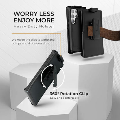 Motivecase Bunker case for Samsung Galaxy S23 Ultra displaying hands-free media viewing with 360-degree rotating belt clip holster functioning as kickstand.