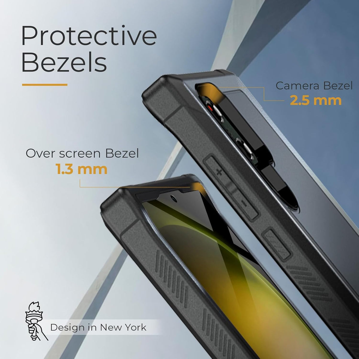 Detailed diagram of Motivecase Bunker case for Samsung Galaxy S23 Ultra highlighting 2.5mm raised camera bezel and 1.3mm screen edge protection.