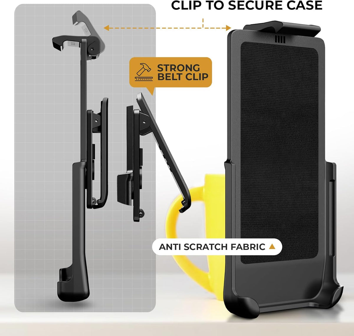 Diagram of Motivecase Bunker heavy-duty holster for Samsung Galaxy S23 Ultra detailing strong belt clip and anti-scratch fabric lining.
