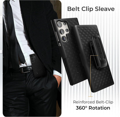 Rugged Motivecase Ranger V1 case for Samsung Galaxy S23 Ultra attached to belt featuring 360-degree rotating swivel clip holster for carrying.