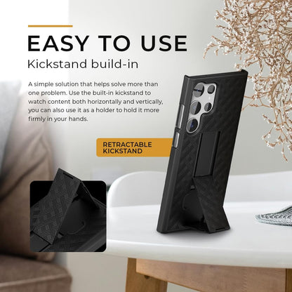 Motivecase Ranger V1 heavy-duty case for Samsung Galaxy S23 Ultra standing upright using its integrated rear retractable kickstand for media viewing.