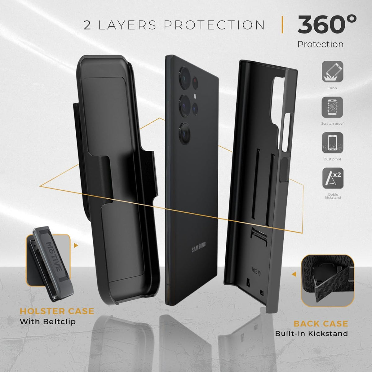 Exploded 360-degree protection diagram of Motivecase Ranger V1 case for Samsung Galaxy S23 Ultra showing dual-layer shell and clip holster.