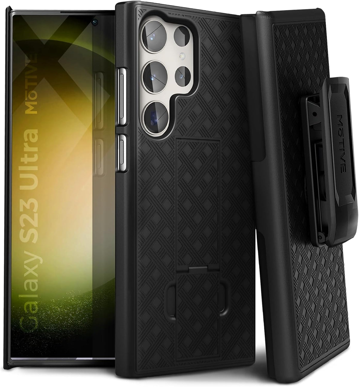 Heavy-duty Motivecase Ranger V1 case for Samsung Galaxy S23 Ultra featuring front display screen protection, textured back cover, kickstand, and holster.