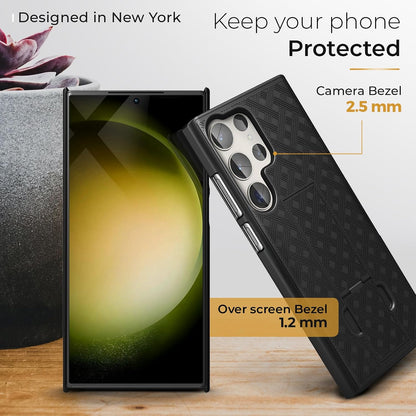 Motivecase Ranger V1 case for Samsung Galaxy S23 Ultra showing raised camera lens bezel and screen protection lips against surface impacts.