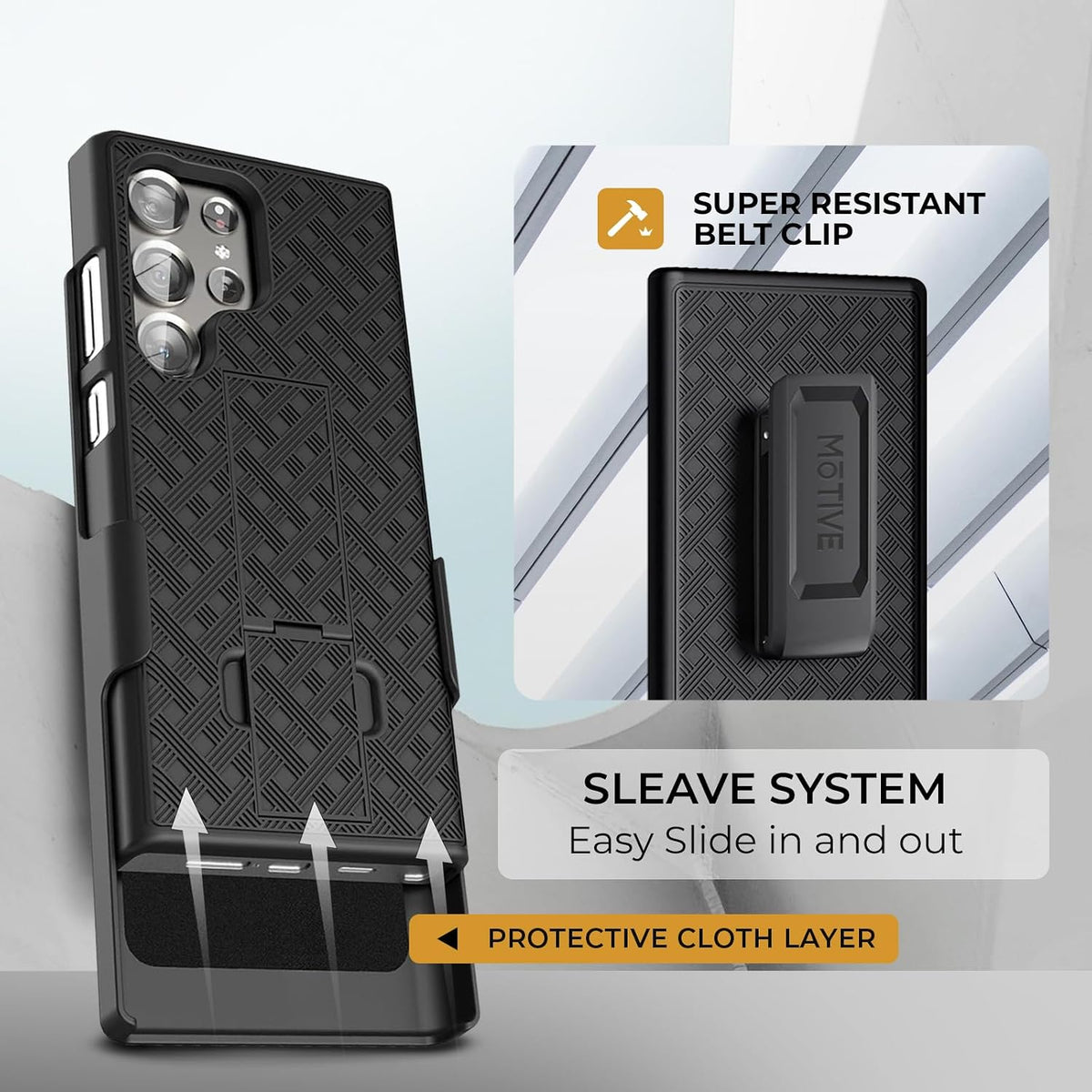 Motivecase Ranger V1 case for Samsung Galaxy S23 Ultra featuring slide-in sleeve holster system with protective soft cloth interior lining.