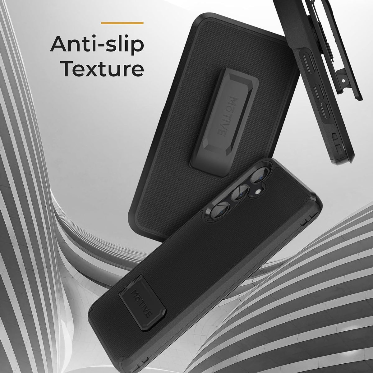 Rugged Motivecase Ranger V2 protective cover for Samsung Galaxy S24 Plus showcasing non-slip ergonomic textured grip sides and reinforced tactical back shell.