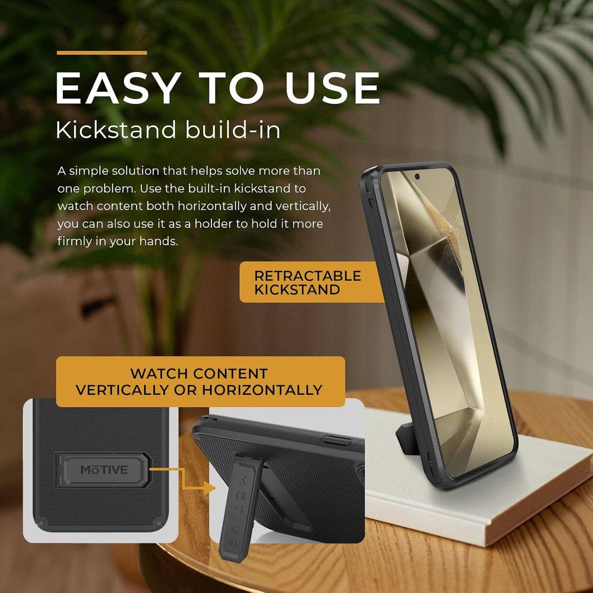 Motivecase Ranger V2 heavy-duty case for Samsung Galaxy S24 Plus standing securely using integrated multi-angle retractable kickstand for hands-free viewing.
