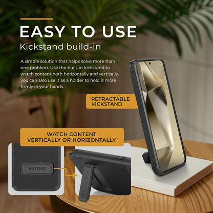 Motivecase Ranger V2 heavy-duty case for Samsung Galaxy S24 Plus standing securely using integrated multi-angle retractable kickstand for hands-free viewing.