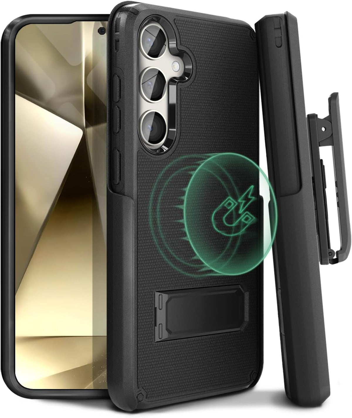 Full body view of Motivecase Ranger V2 heavy-duty protective cover for Samsung Galaxy S24 Plus featuring dual-layer drop defense, kickstand, and belt clip.