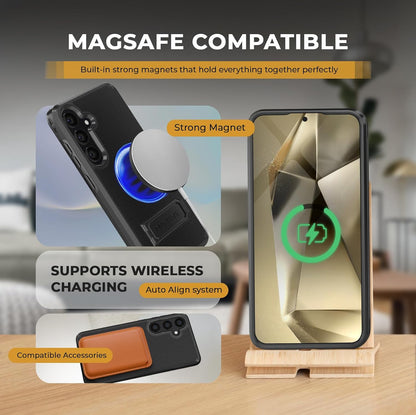 Motivecase Ranger V2 heavy-duty case for Samsung Galaxy S24 Plus aligned perfectly with MagSafe wireless magnetic charger for fast effortless power delivery.
