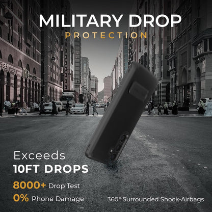 Motivecase Ranger V2 military-grade shockproof case for Samsung Galaxy S24 Plus demonstrating 10-foot drop protection with reinforced corner air bumpers.