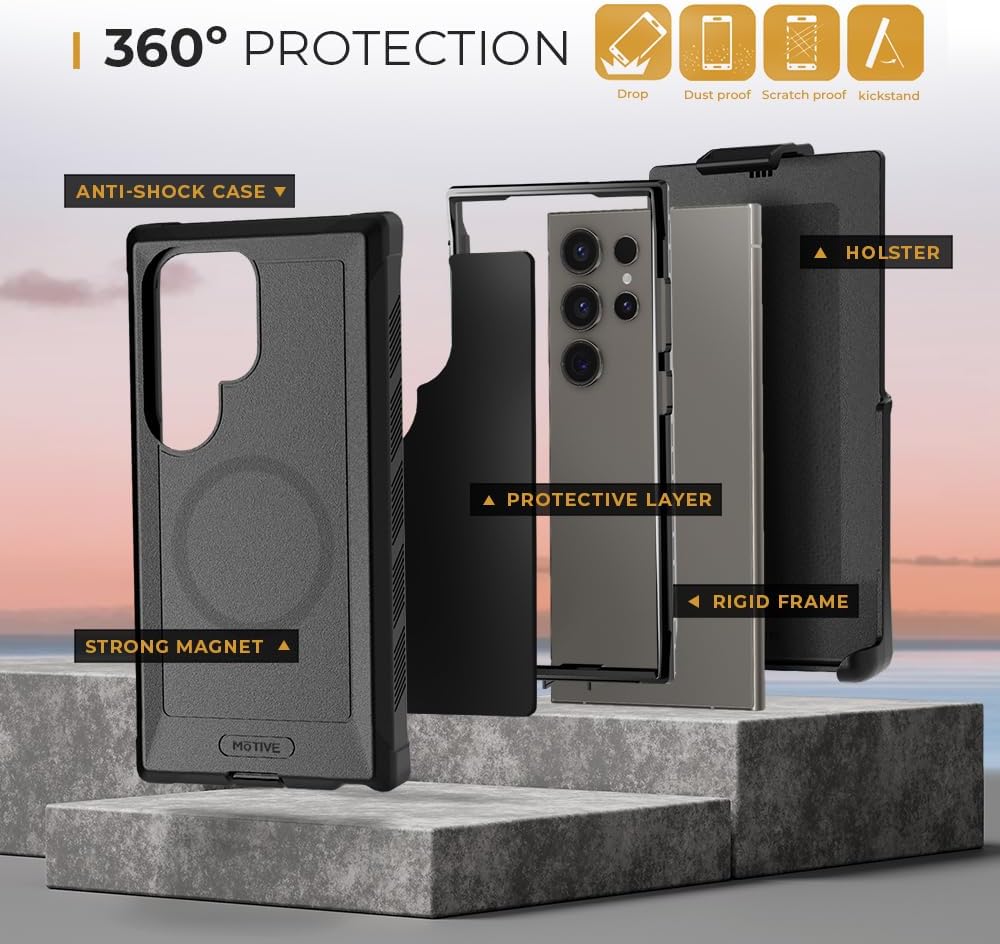 Motivecase Bunker Series military-grade case for Samsung Galaxy S24 Ultra exploded view demonstrating dual-layer TPU shock absorption, hard polycarbonate back shell, and screen frame.