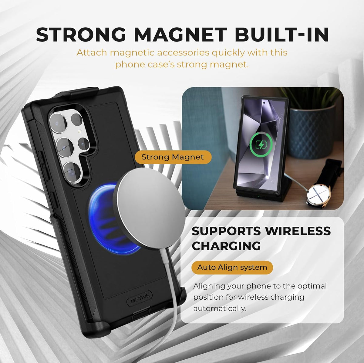 Motivecase Bunker Series magnetic case for Samsung Galaxy S24 Ultra demonstrating fast MagSafe wireless charging compatibility and powerful built-in magnetic ring alignment.