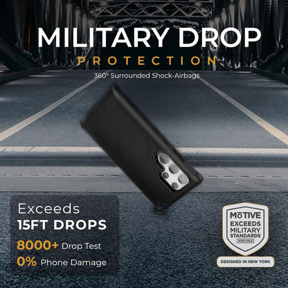 Motivecase Bunker Series military-grade drop protection case for Samsung Galaxy S24 Ultra demonstrating 15-foot drop test certification and 360 surrounded shock airbags.