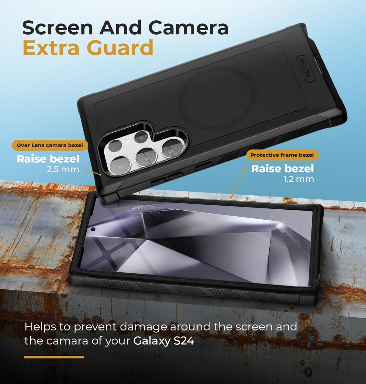 Motivecase Bunker Series heavy-duty case for Samsung Galaxy S24 Ultra displaying raised 2.5mm camera lens borders and 1.2mm screen guard bezels.