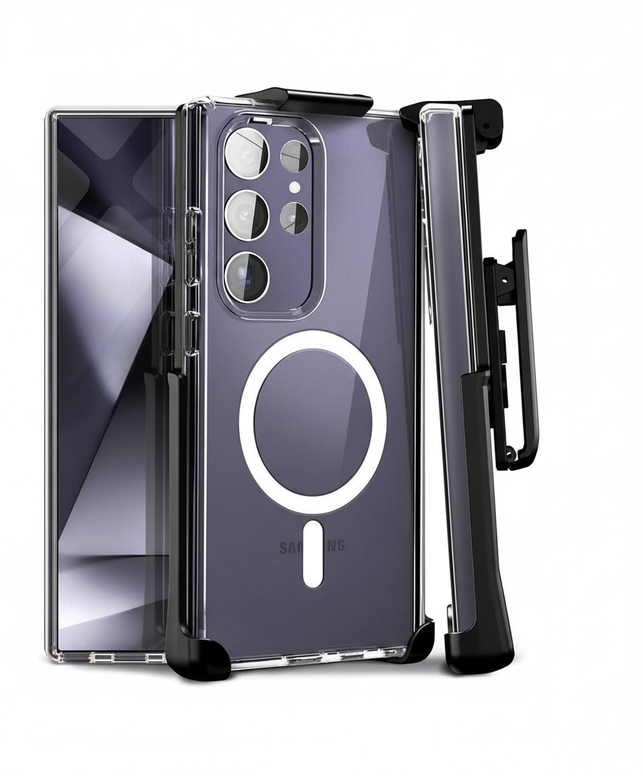 Multiple views of the Motivecase Crystal Series clear case for Samsung Galaxy S24 Ultra, showing the front, back, and profile along with the included belt clip holster.