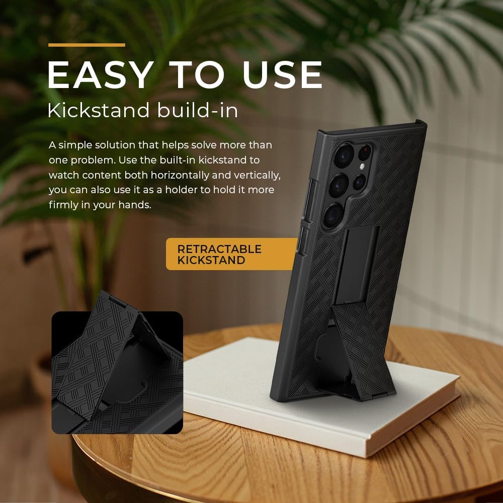 Motivecase Ranger V1 heavy-duty case for Samsung Galaxy S24 Ultra standing upright using its integrated rear retractable kickstand for media viewing.