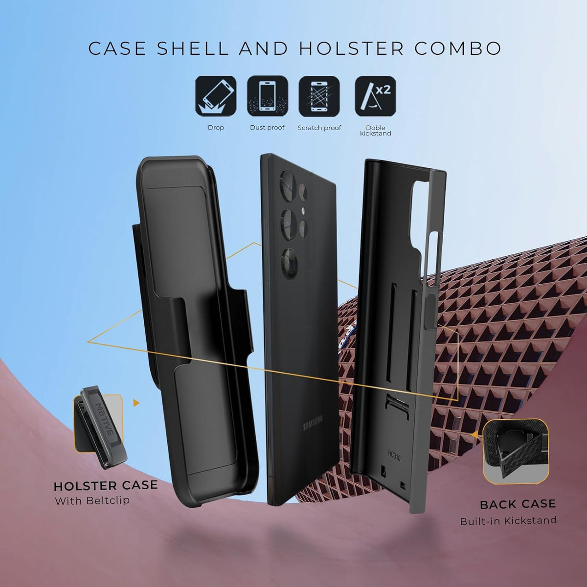 Exploded 360-degree protection diagram of Motivecase Ranger V1 case for Samsung Galaxy S24 Ultra showing dual-layer shell and clip holster.