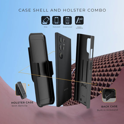 Exploded 360-degree protection diagram of Motivecase Ranger V1 case for Samsung Galaxy S24 Ultra showing dual-layer shell and clip holster.
