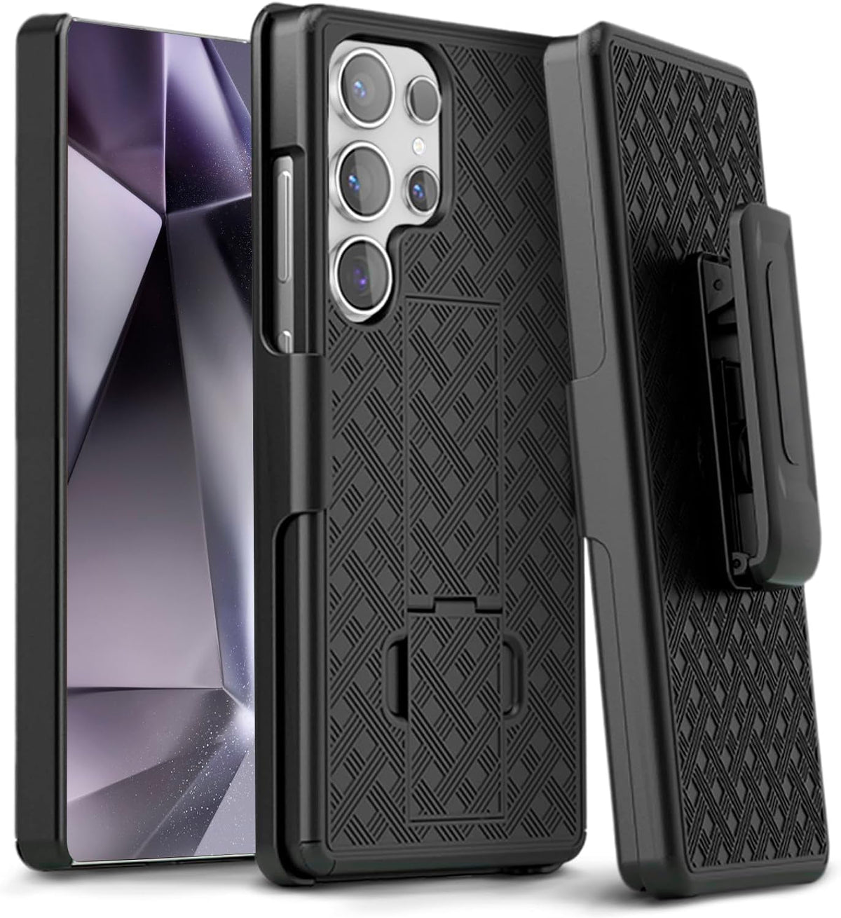 Heavy-duty Motivecase Ranger V1 case for Samsung Galaxy S24 Ultra featuring front display screen protection, textured back cover, kickstand, and holster.