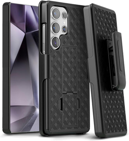 Heavy-duty Motivecase Ranger V1 case for Samsung Galaxy S24 Ultra featuring front display screen protection, textured back cover, kickstand, and holster.