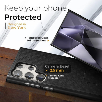Motivecase Ranger V1 case for Samsung Galaxy S24 Ultra showing raised camera lens bezel and screen protection lips against surface impacts.