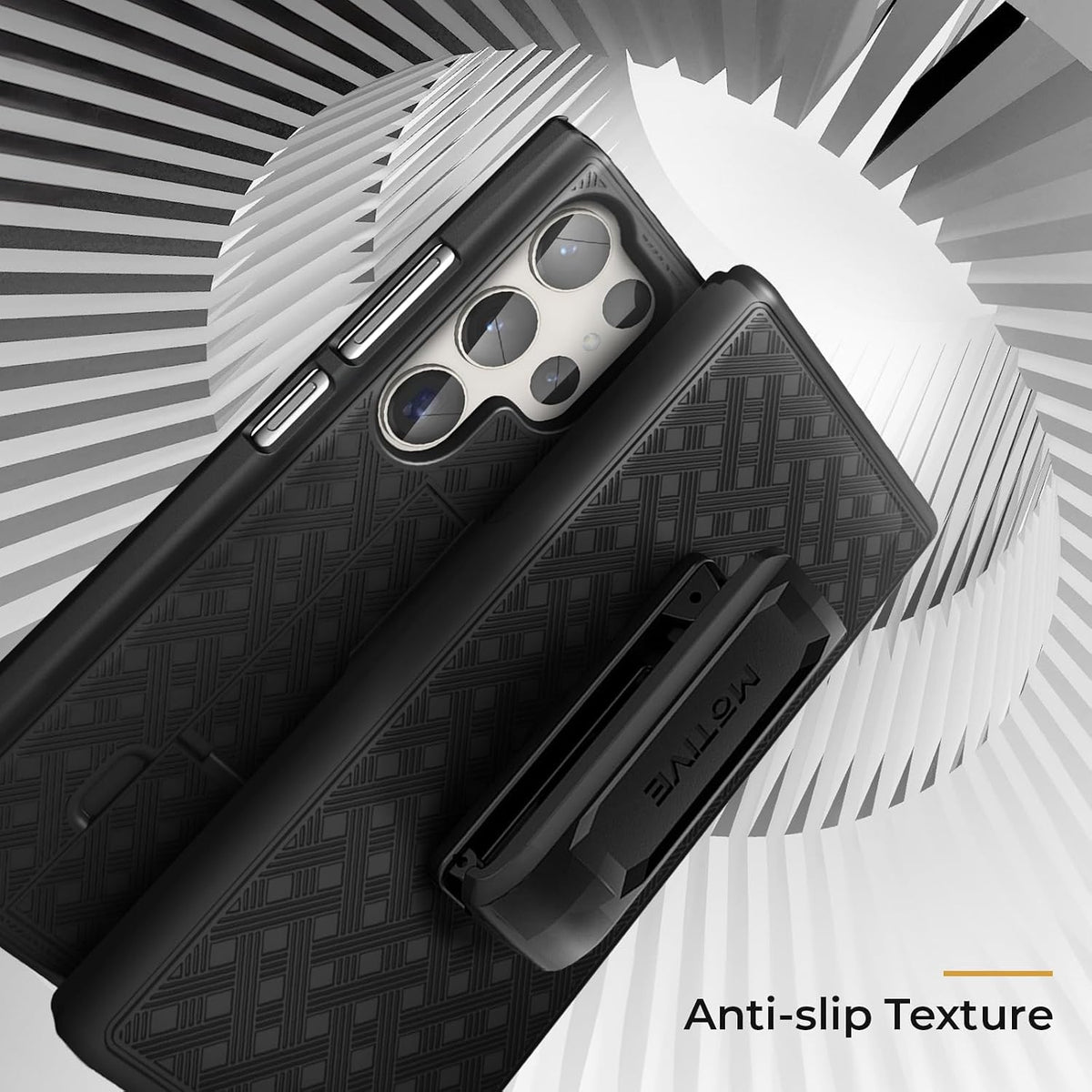 Motivecase Ranger V1 case for Samsung Galaxy S24 Ultra featuring ergonomic non-slip textured back pattern for enhanced grip defense.