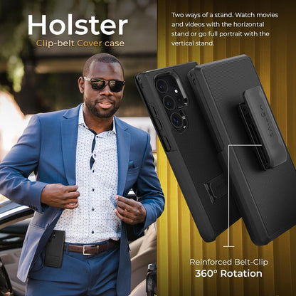Heavy-duty Motivecase Ranger V2 phone holster for Samsung Galaxy S24 Ultra featuring durable 360-degree rotating belt clip swivel for convenient carrying.